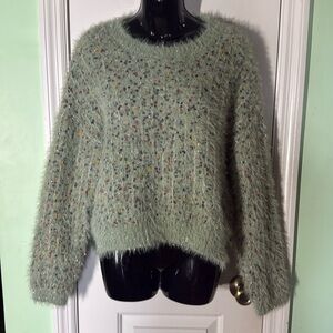 L’ayard Light Green/Multi Colored Accents Soft Fuzzy Crop Sweater EUC Size L